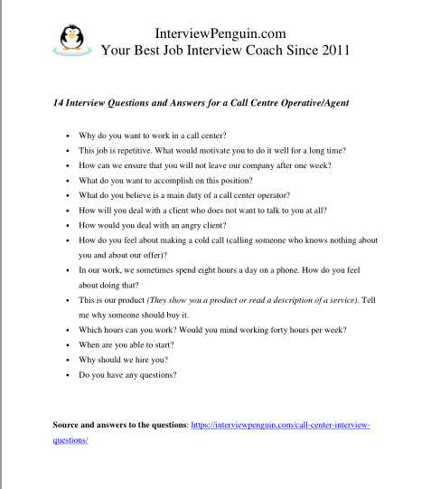 Call center job interview questions answers