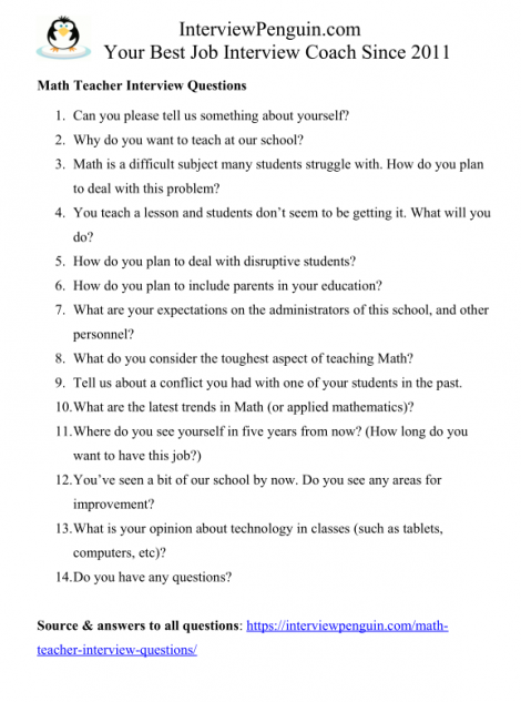 Middle school math teacher job interview questions