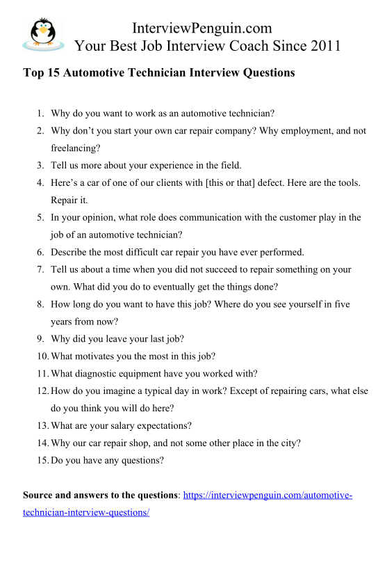 Top 15 Automotive Technician Interview Questions & Answers
